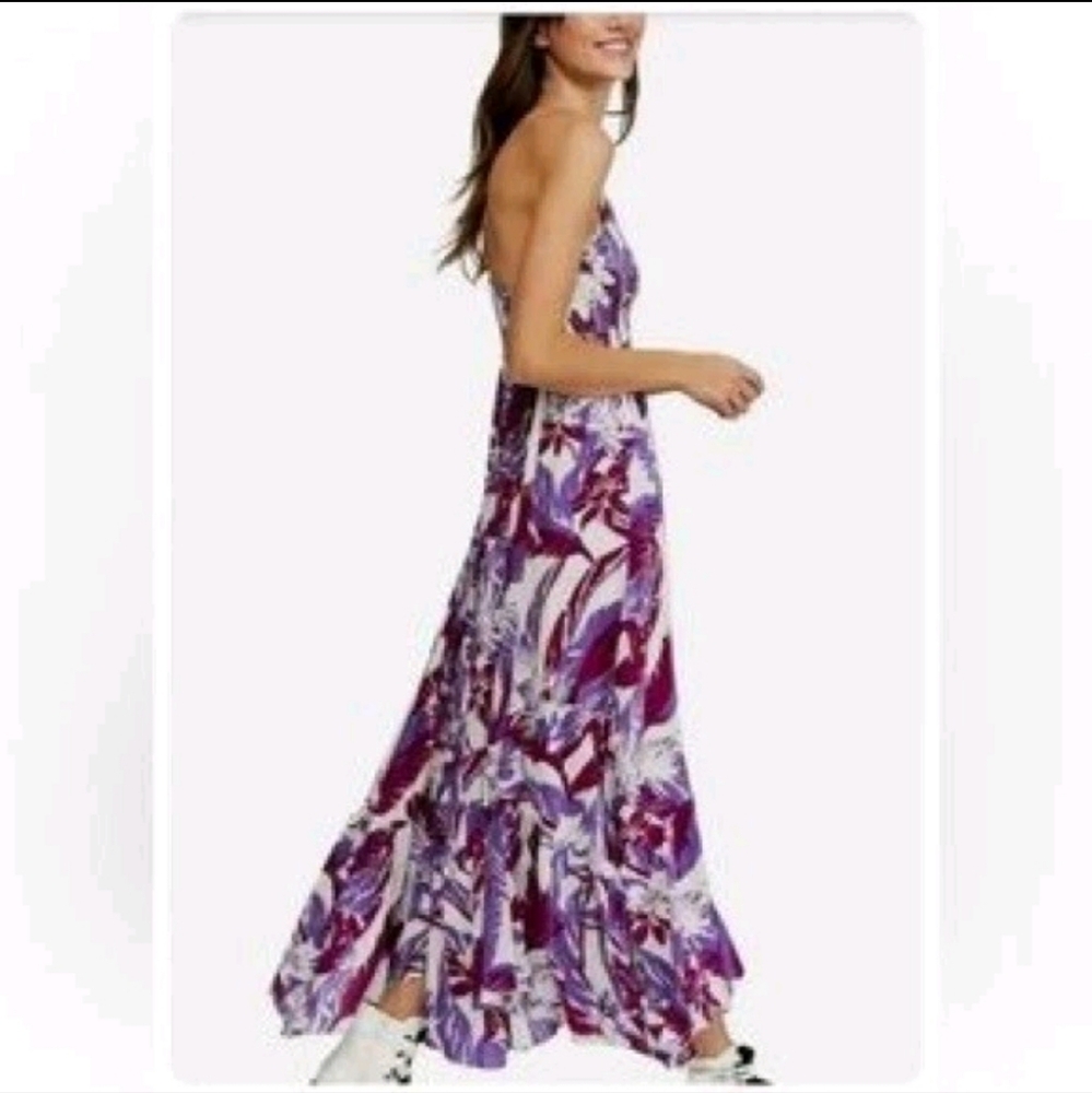 Free People Dress, Size S, Purple & White Tropical, Smocked Bust, Flowy Skirt